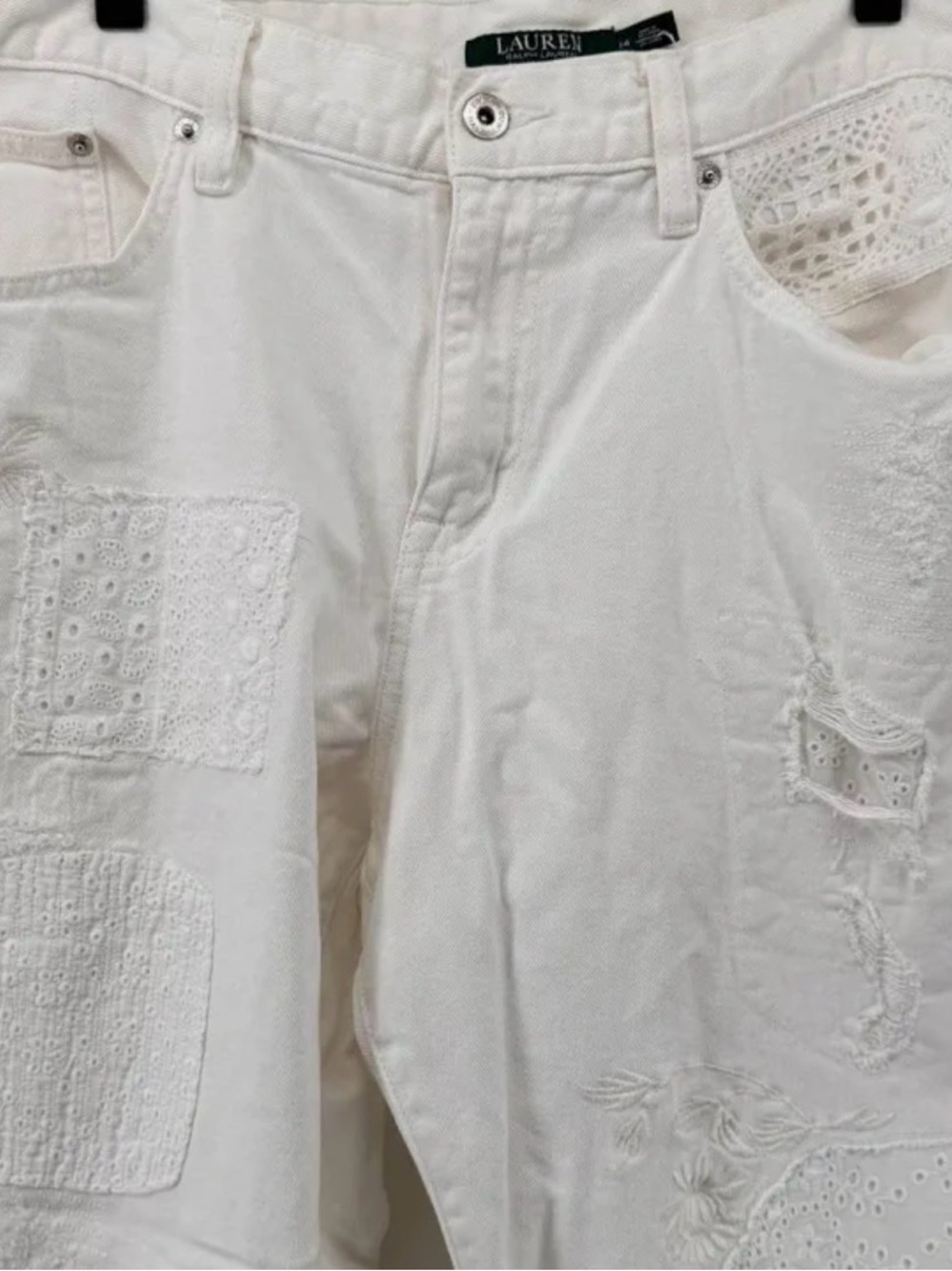 Lauren Ralph Lauren Off-White Eyelet Patchwork Distressed Jeans